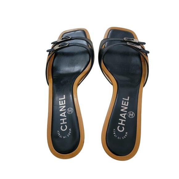 Chanel Vintage Y2K Black Tan Leather Camellia Mules Sandals Kitten Heels 7 37.5 - Picture 14 of 16